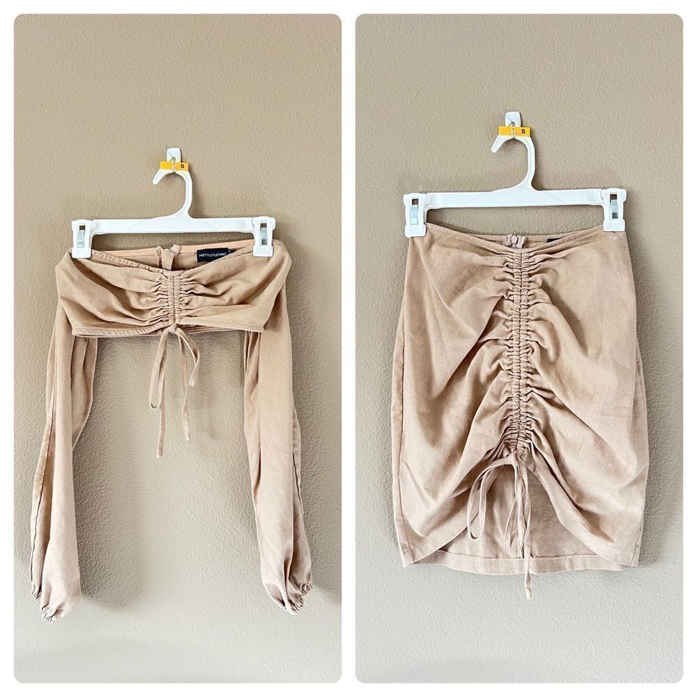 PrettyLittleThing Tan Crop Top and Skirt Set